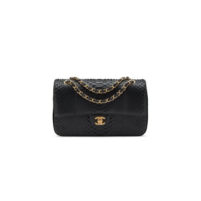 CHANEL MASTER BLACK PYTHON MEDIUM CLASSIC DOUBLE FLAP BRUSHED GOLD HARDWARE 4152760 (25.5*15.5*6.5cm)